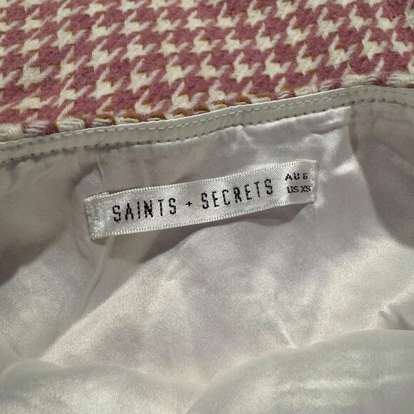 Saints + Secrets Dress Houndstooth Retro Girly Feminine Chic Frayed Hem Pink XS - Picture 2 of 5